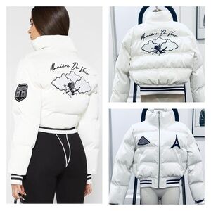 Maniere de Voir Varsity Faux Leather Puffer Jacket in White US 8 NWT